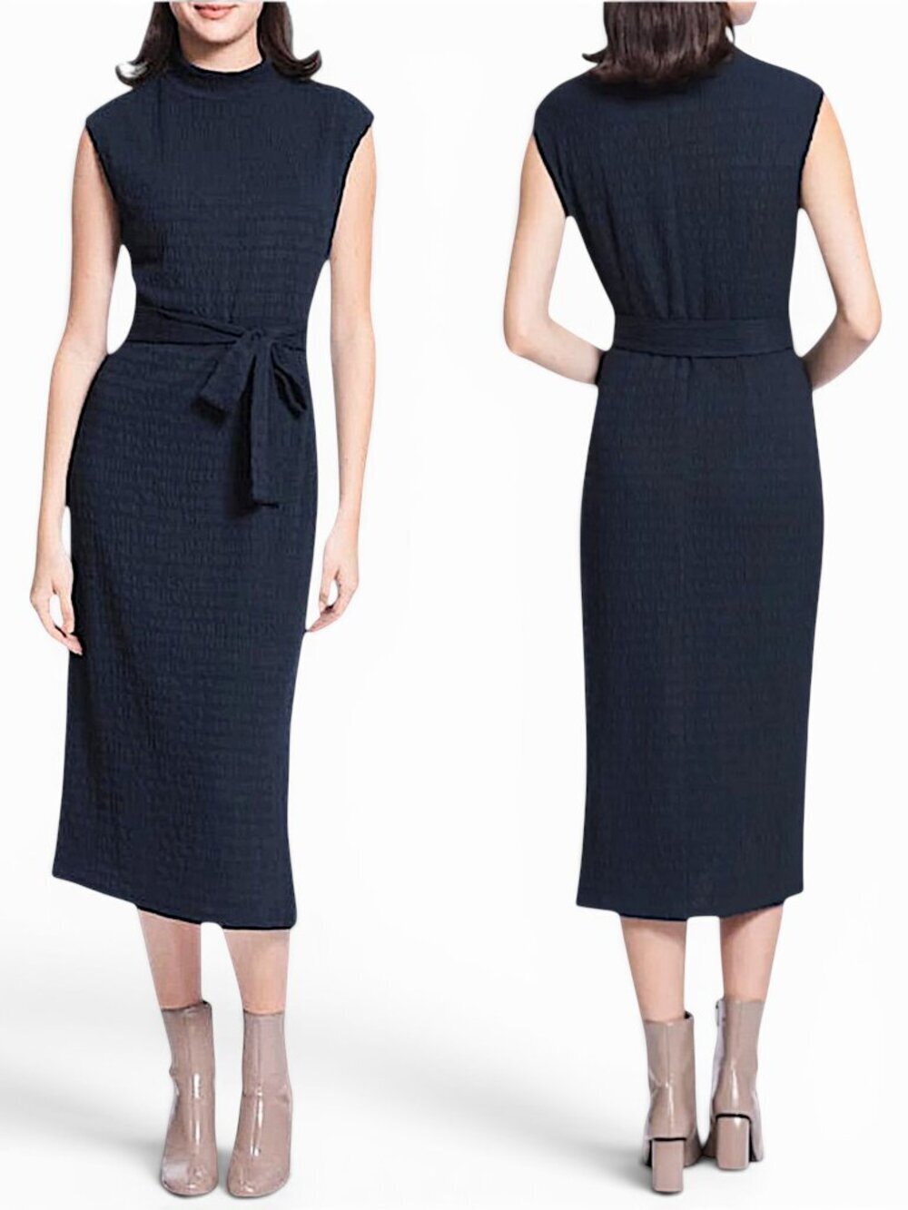 Maggy London Navy Mock Neck Crinkle Seersucker Knit Midi Dress NWT New 6P Petite